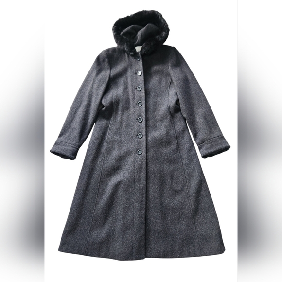 Worthington Long Wool Womens Trench Coat 10 P Rabbit Fur Trim Hooded Gray Vtg - Picture 3 of 15